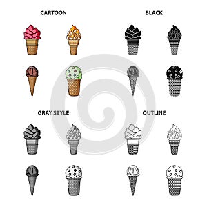 Ice cream, food and dessert. Different types of ice cream set collection icons in cartoon black monochrome outline style