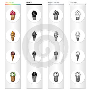 Ice cream, food and dessert. Different types of ice cream set collection icons in cartoon black monochrome outline style