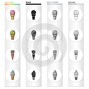 Ice cream, food and dessert. Different types of ice cream set collection icons in cartoon black monochrome outline style