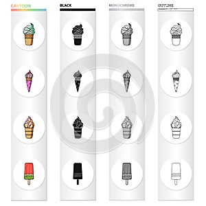 Ice cream, food and dessert. Different types of ice cream set collection icons in cartoon black monochrome outline style