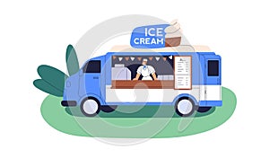 Ice-cream food truck. Mobile cafe van selling icecream outdoors. Street vendor at window of summer wheeled shop, parked photo