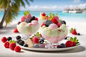 Ice cream with fresh berries. Summer berry ice cream, gelato, sundae or sorbet on the sea beach, generative AI