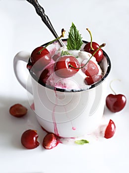 Ice cream with fresh cherries.