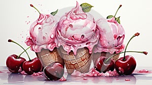 Ice cream with fresh cherries and cherry syrup in white background illustration . Horizontal format for advertising, banners. Ai