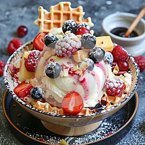 Ice cream with fresh fruit and waffles. Generative Ai. photo
