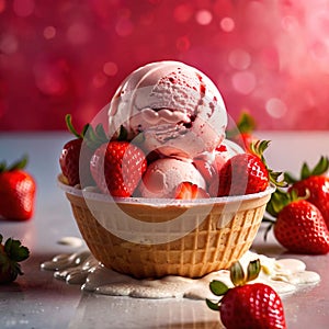 Ice cream with fresh strawberries, fruti and berry frozen dessert for summer photo