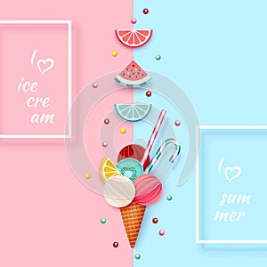 Ice cream, Fruit, 3D, Pastel. Abstract background. Minimal summer food concept. Vector