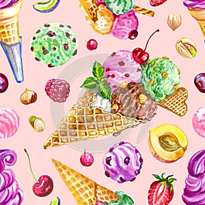 Ice cream and fruit pattern on pink background