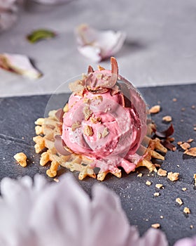 Ice cream fruit scoop with chocolate chips and a wafer on a slate plate on a gray concrete table with peony petals