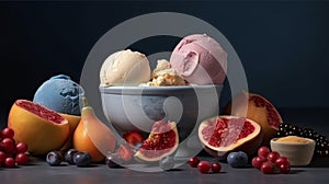ice cream with fruits,berrys,sundae,summer,generated by artificial intelligence