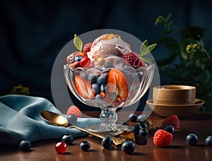 Ice cream with fruits on dark background. Delicious frozen desert with berries. Generative AI