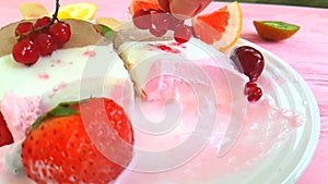Ice cream with fruits delicious creamy diet cool freshness cherry berries slow-motion shooting