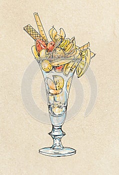 ice cream with fruits in a glass on a brown background, sketch. Vintage style.