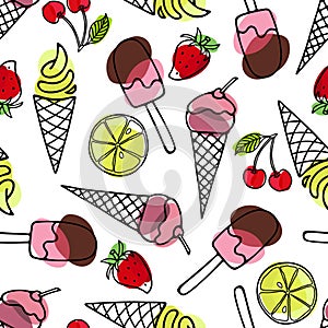 Ice Cream and fruits seamless pattern. Different versions Ice Cream, lemon, cherry, strawberry. Vector illustration. Summer food