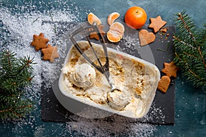 Ice cream with gingerbread and tangerine