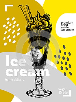 Ice cream in glass cup, retro hand drawn vector illustration.