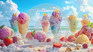 Ice cream in glass vases with berries on the beach against the background of the sea