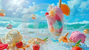 Ice cream in glass vases with berries on the beach against the background of the sea