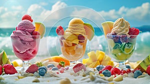 Ice cream in glass vases with berries on the beach against the background of the sea