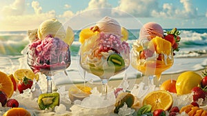 Ice cream in glass vases with berries on the beach against the background of the sea