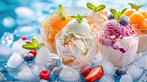 Ice cream in glass vases with berries on the beach against the background of the sea
