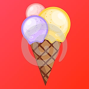 Ice cream grape vanilla strawberry scoops waffle cone. on a red background. Vector illustration.