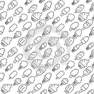 Ice cream Hand Drawn Pattern. Drawing Sundae, Sorbet, Lolly. Summer Seamless Background. Sketch Icons of Icecream. Handdrawn black