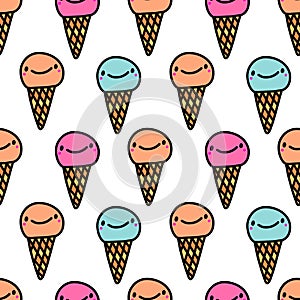 Ice cream hand drawn seamless pattern in cartoon comic style smiling dessert