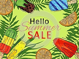 Ice cream hello summer poster natural fresh and cold sweet food vector illustration. Healthy homemade tasty dairy cone