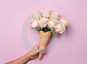 Ice cream horn or cone with roses on a pink background. Happy Mother\'s Day, Women\'s Day or Birthday