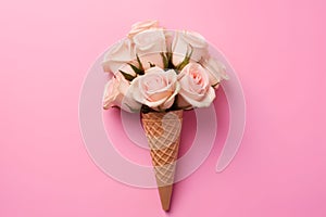 Ice cream horn or cone with roses on a pink background. Happy Mother\'s Day, Women\'s Day or Birthday