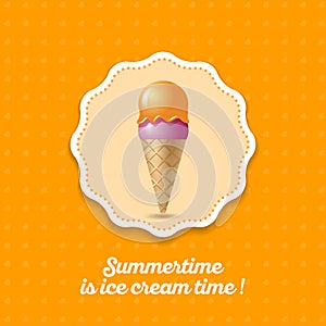 Ice cream icon. Two scoops pink and orange ice cream in a waffle cone on a yellow background. photo