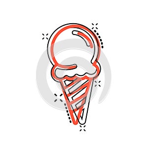 Ice cream icon in comic style. Sundae cartoon vector illustration on white isolated background. Sorbet dessert splash effect