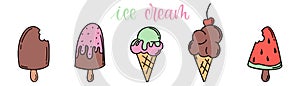 Ice cream icons in doodle. Cartoon ice cream collection. Hand drawn illustration. Text lettering. Sketch style. Vector
