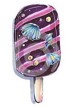 Ice cream kid fun food sweets turquoise purple sea travel hand drawing illustration cartoon