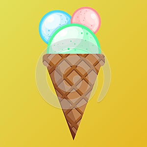 Ice cream lemon blueberry strawberry scoops waffle cone. on yellow background. Vector illustratioon.