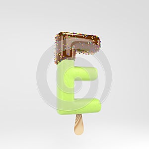 Ice cream letter E uppercase. Pistachio popsicle font with hot chocolate and sprinkles isolated on white background