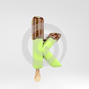 Ice cream letter K lowercase. Pistachio popsicle font with hot chocolate and sprinkles isolated on white background