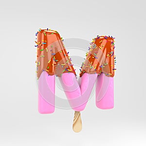 Ice cream letter M uppercase. Pink fruit popsicle font with caramel and sprinkles isolated on white background