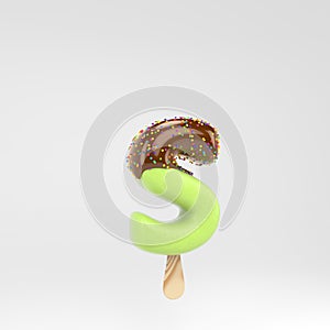 Ice cream letter S lowercase. Pistachio popsicle font with hot chocolate and sprinkles isolated on white background