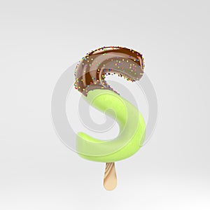 Ice cream letter S uppercase. Pistachio popsicle font with hot chocolate and sprinkles isolated on white background