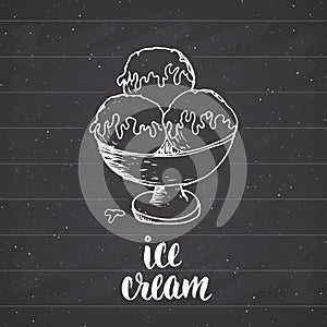 Ice cream with lettering sketch, Vintage label, Hand drawn grunge textured badge, retro logo template, typography design vector il