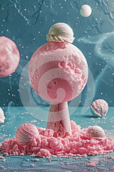 Ice cream like a pink moon on the blue background