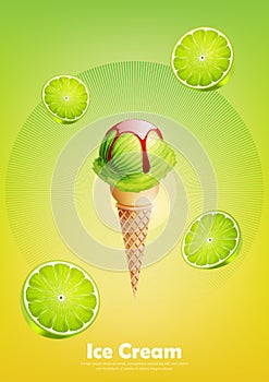 Ice cream lime in the cone, Pour strawberry syrup and a lot of lime background, illustration Vector