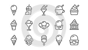 Ice cream line icons set. Bubble waffle, vanilla sundae, frozen yogurt. Vector