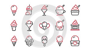 Ice cream line icons set. Bubble waffle, vanilla sundae, frozen yogurt. Vector