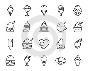Ice cream line icons. Vanilla sundae, frozen yogurt, bubble waffle. Vector