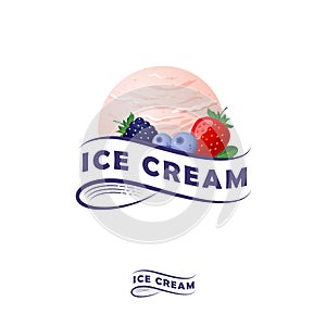 Ice cream logo. Letters on a ribbon and one scoop of ice cream with berries. photo