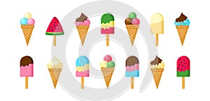 Ice cream lolly vector icon, waffle cone, popsicle and ice cream scoop. Cartoon chocolate and vanilla dessert set, fruit sorbet.