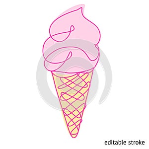 Ice Cream Made in Continuous Line Art Style. Doodle Element. Linear Waffle Cone with Editable Stroke. Vector Illustration